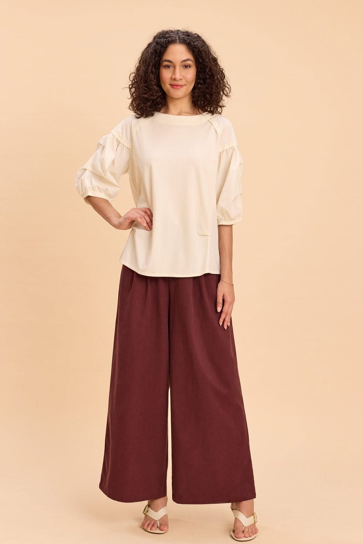 ELIZA FABRIC-MIX PUFF SLEEVED OVERSIZED T-SHIRT - Sunday Story