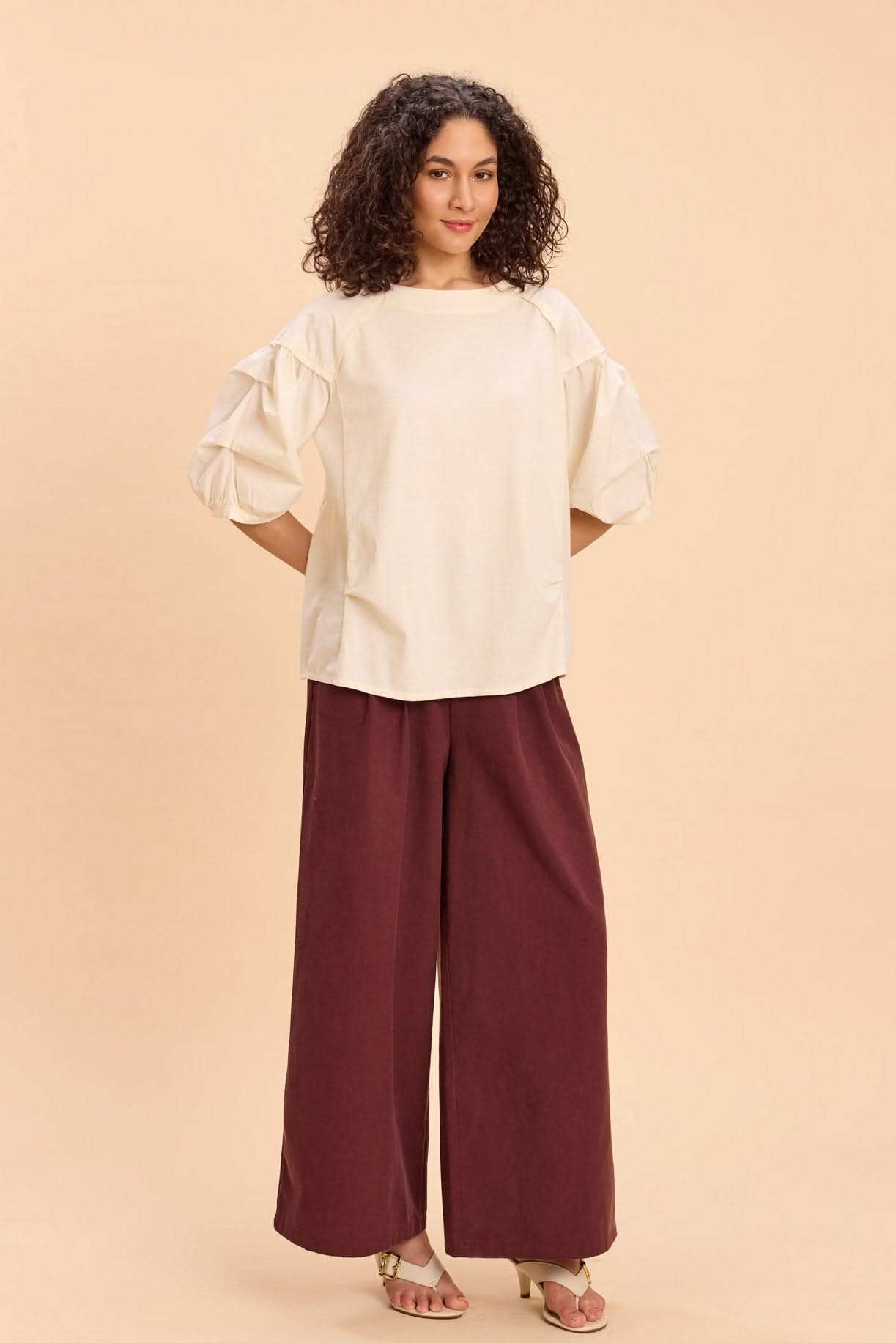ELIZA FABRIC-MIX PUFF SLEEVED OVERSIZED T-SHIRT - Sunday Story