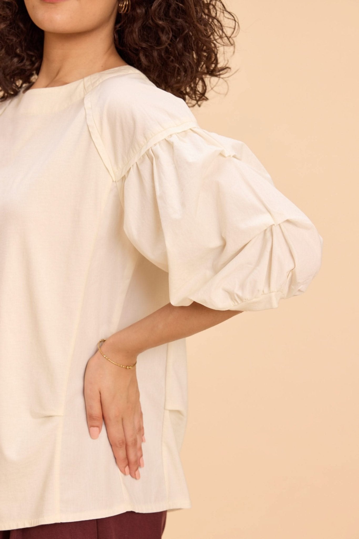 ELIZA FABRIC-MIX PUFF SLEEVED OVERSIZED T-SHIRT - Sunday Story