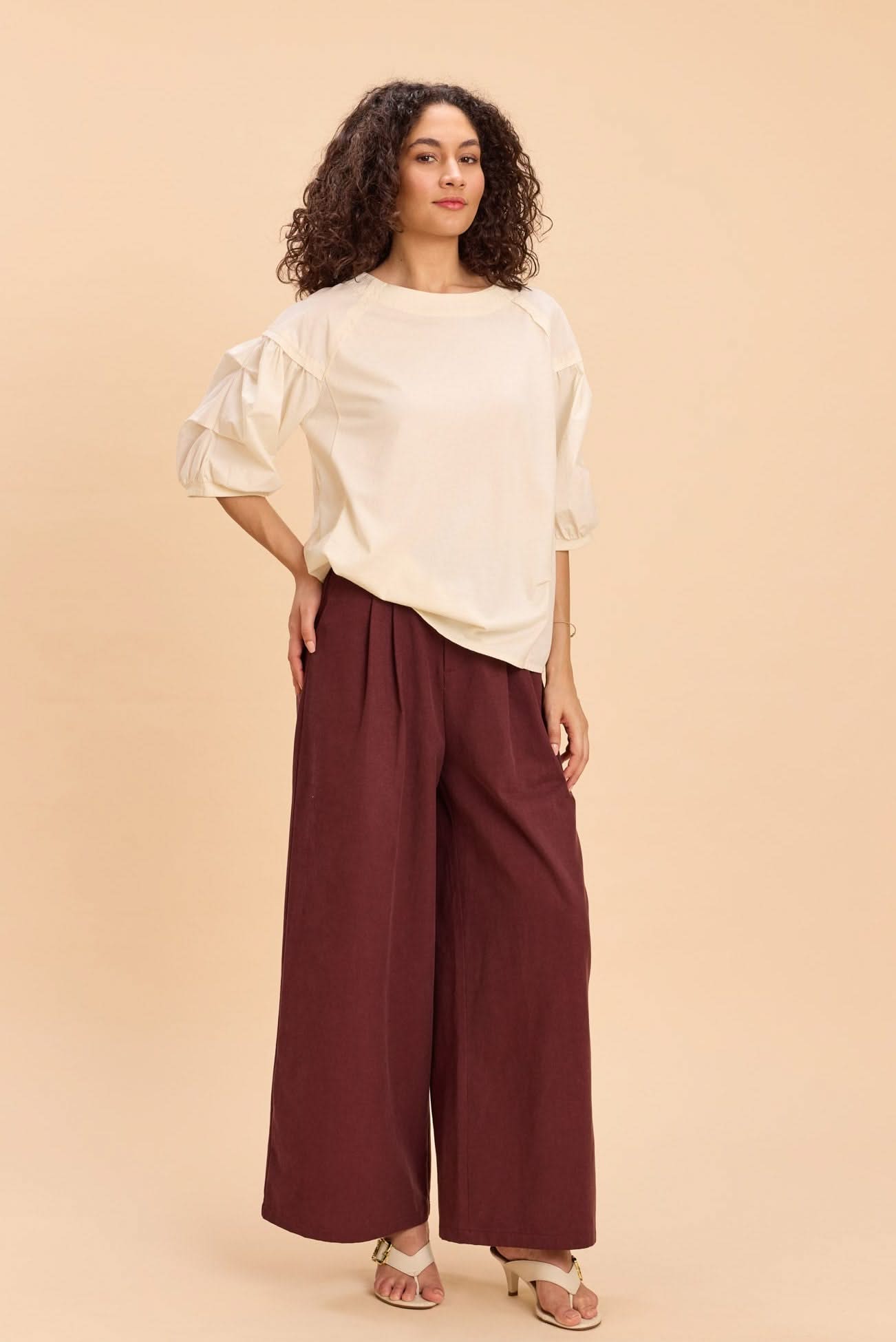 ELIZA FABRIC-MIX PUFF SLEEVED OVERSIZED T-SHIRT - Sunday Story