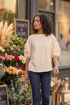 ELIZA FABRIC-MIX PUFF SLEEVED OVERSIZED T-SHIRT - Sunday Story