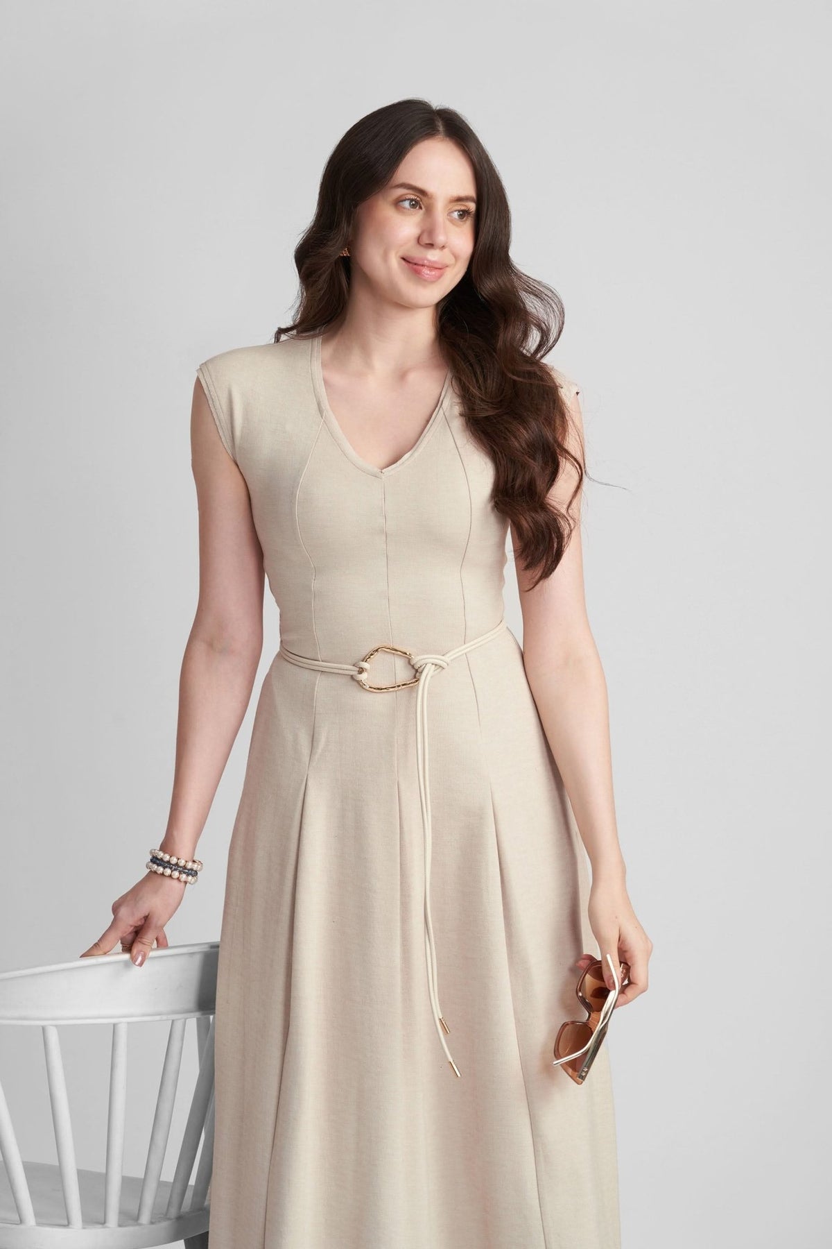 ENORA V-NECK FIT AND FLARE KNITTED MAXI DRESS WITH BELT - Sunday Story