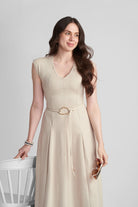 ENORA V-NECK FIT AND FLARE KNITTED MAXI DRESS WITH BELT - Sunday Story