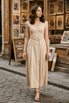 ENORA V-NECK FIT AND FLARE KNITTED MAXI DRESS WITH BELT - Sunday Story