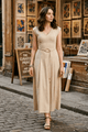 ENORA V-NECK FIT AND FLARE KNITTED MAXI DRESS WITH BELT