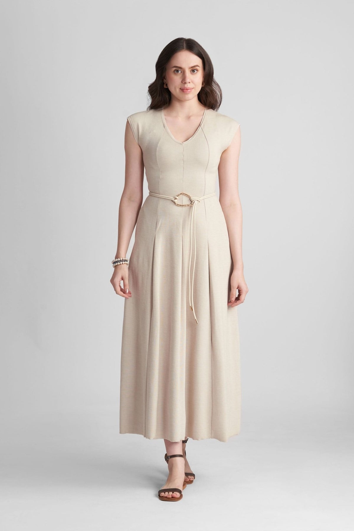 ENORA V-NECK FIT AND FLARE KNITTED MAXI DRESS WITH BELT - Sunday Story