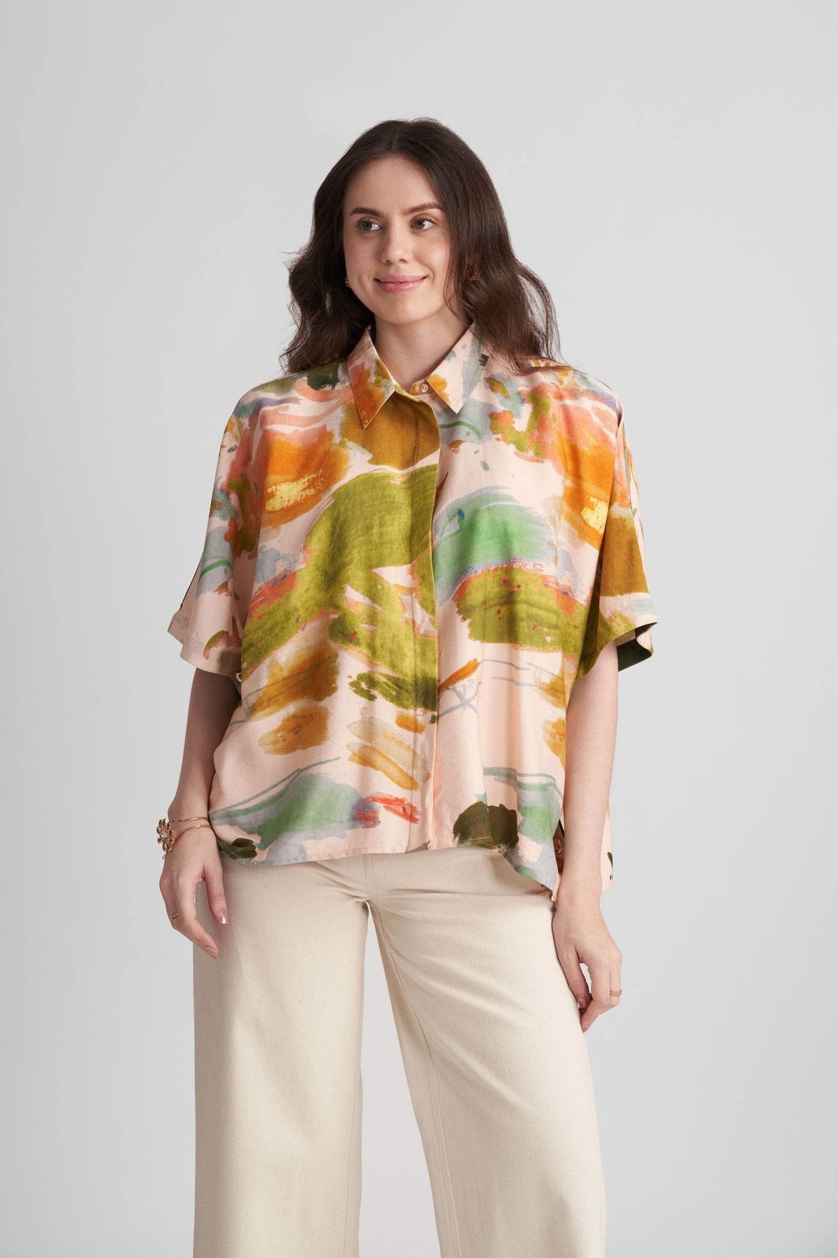 FAWN VISCOSE PRINTED KAFTAN SHIRT WITH STATEMENT BUTTONS - Sunday Story