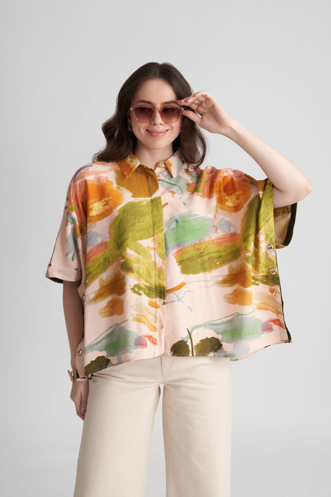 FAWN VISCOSE PRINTED KAFTAN SHIRT WITH STATEMENT BUTTONS - Sunday Story