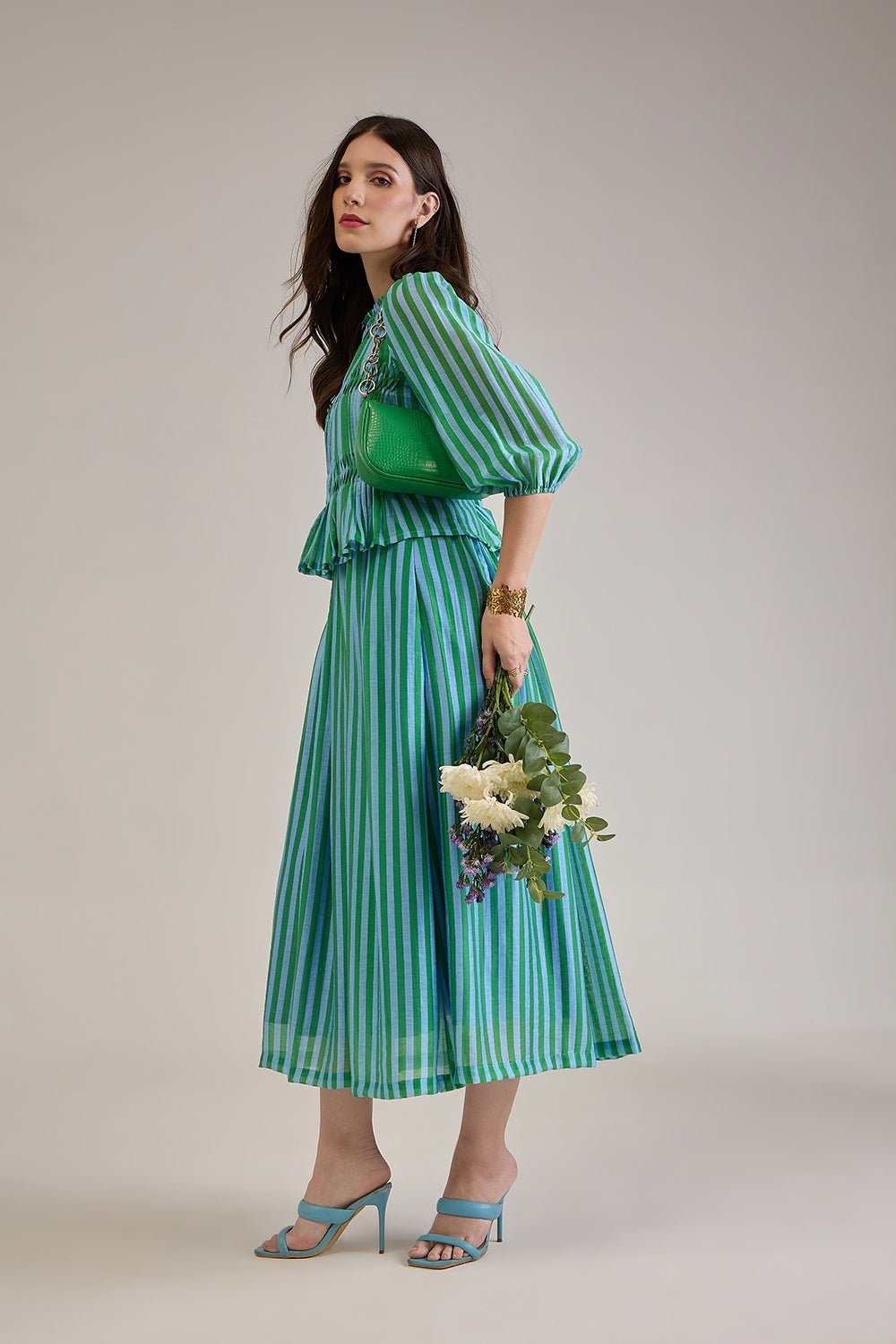FELIX GREEN BLUE STRIPED PEPLUM & SKIRT CO-ORD SET - Sunday Story