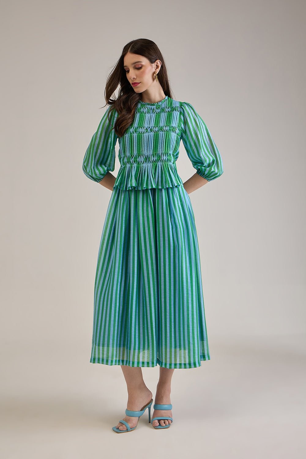 FELIX GREEN BLUE STRIPED PEPLUM & SKIRT CO-ORD SET - Sunday Story