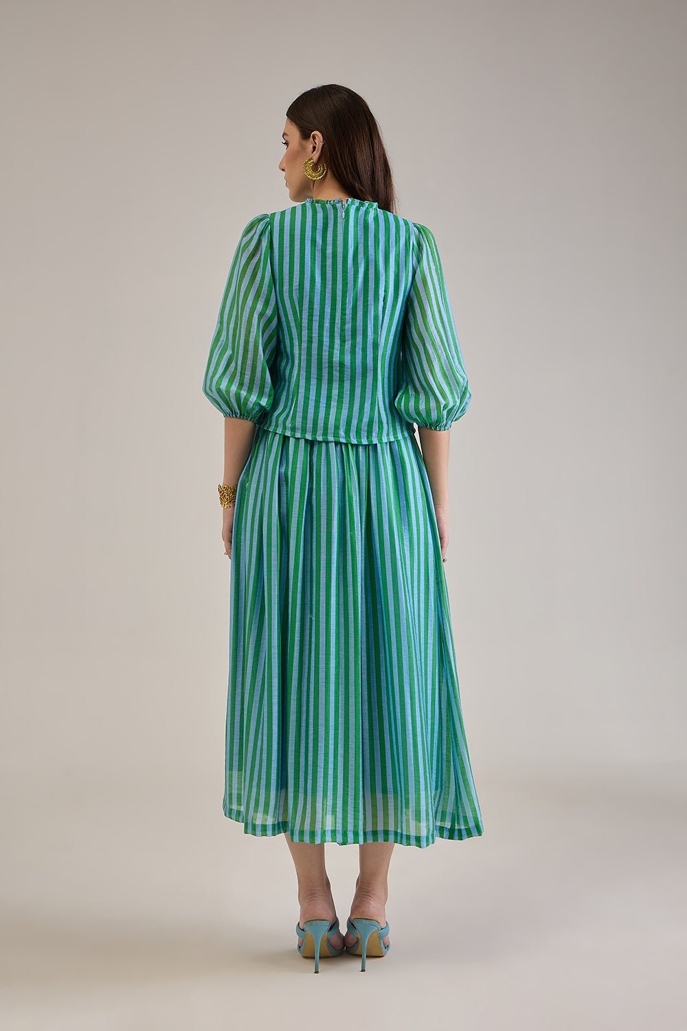 FELIX GREEN BLUE STRIPED PEPLUM & SKIRT CO-ORD SET - Sunday Story