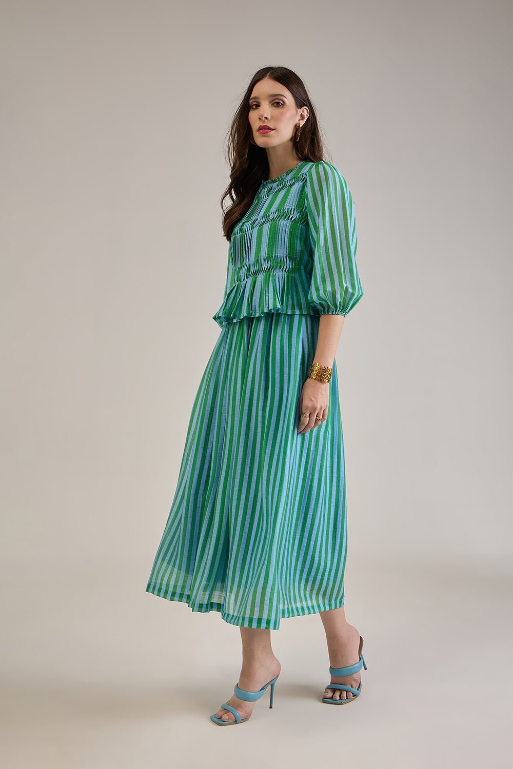 FELIX GREEN BLUE STRIPED PEPLUM & SKIRT CO-ORD SET - Sunday Story