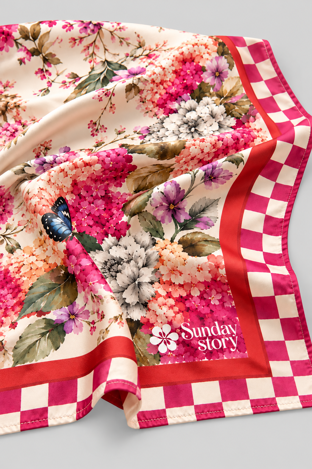 FIA FLORAL PRINTED SCARF WITH CHECKERED BORDER - Sunday Story
