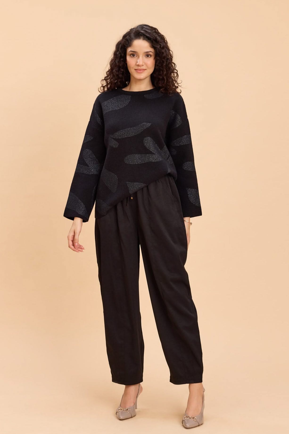 FIONA ROUND NECK PULLOVER WITH LUREX JACQUARD PATTERN - Sunday Story