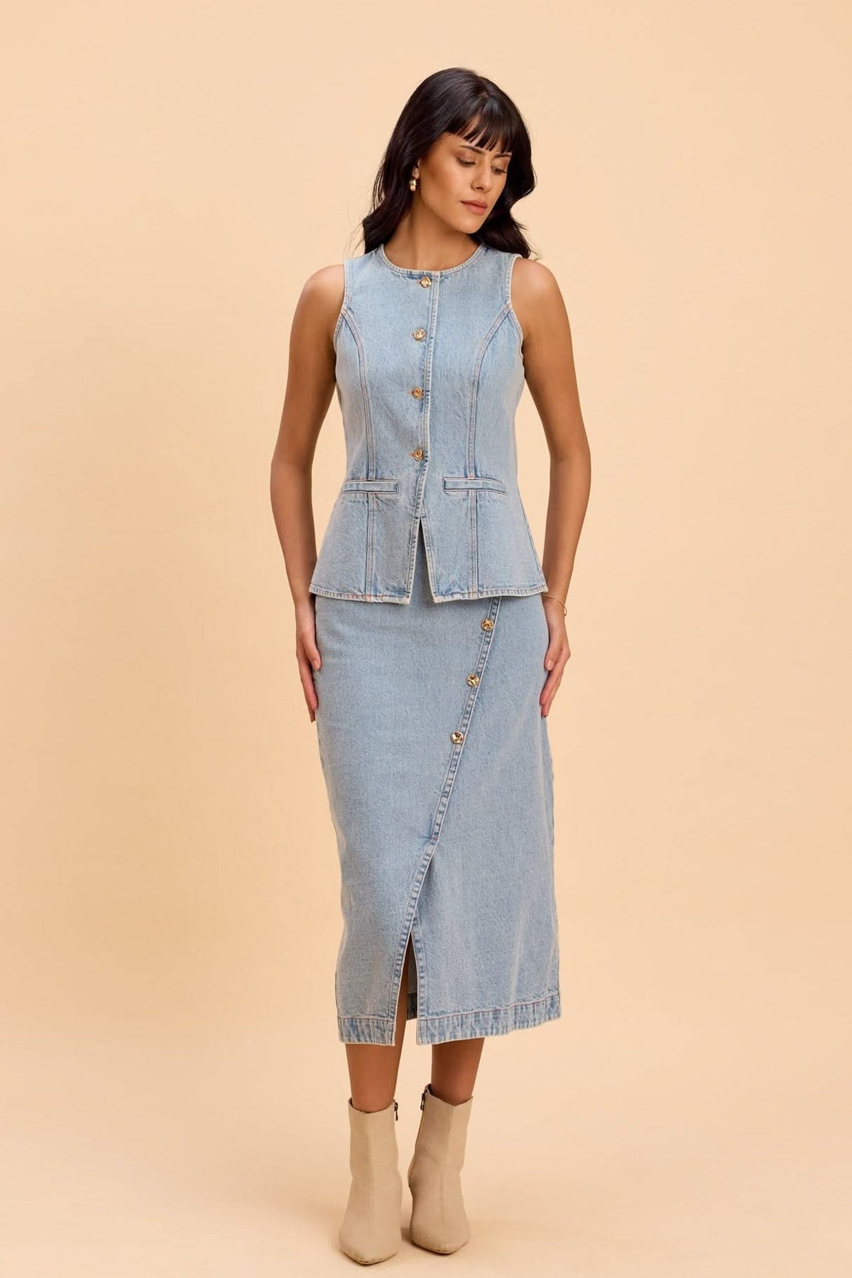 IRIS COTTON DENIM VEST WITH STATEMENT BUTTONS - Sunday Story