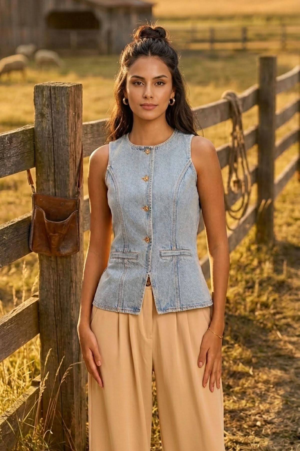 IRIS COTTON DENIM VEST WITH STATEMENT BUTTONS - Sunday Story