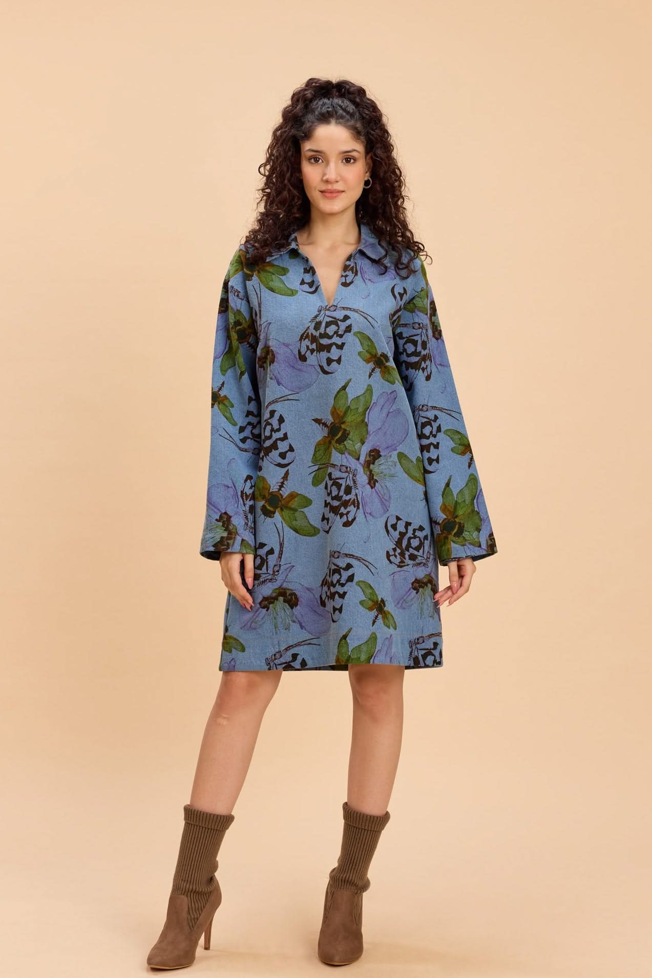 JENA PRINTED COTTON DENIM SHORT A-LINE DRESS - Sunday Story