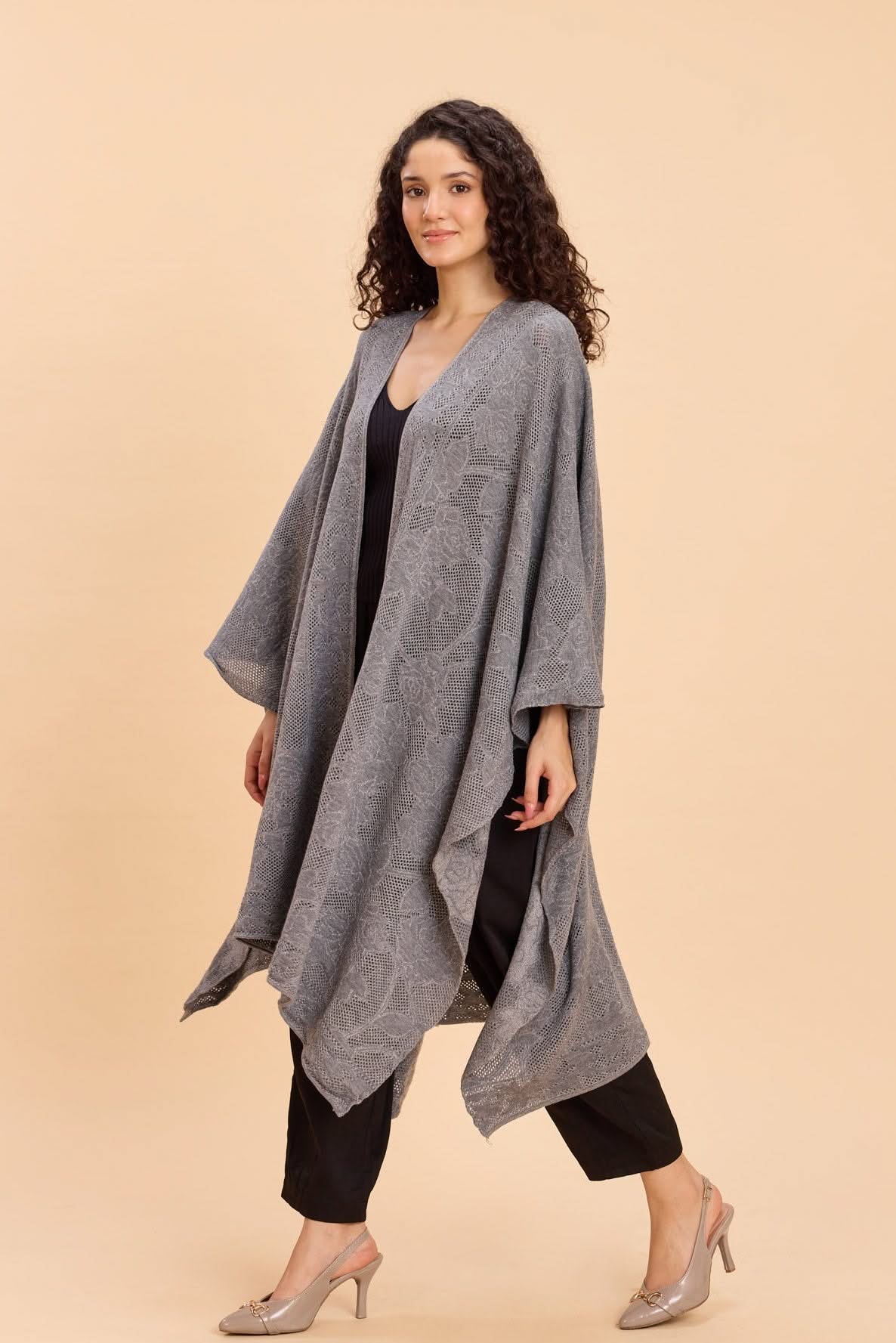 JOLLY LACE JACQUARD FRONT OPEN KNITTED CAPE - Sunday Story