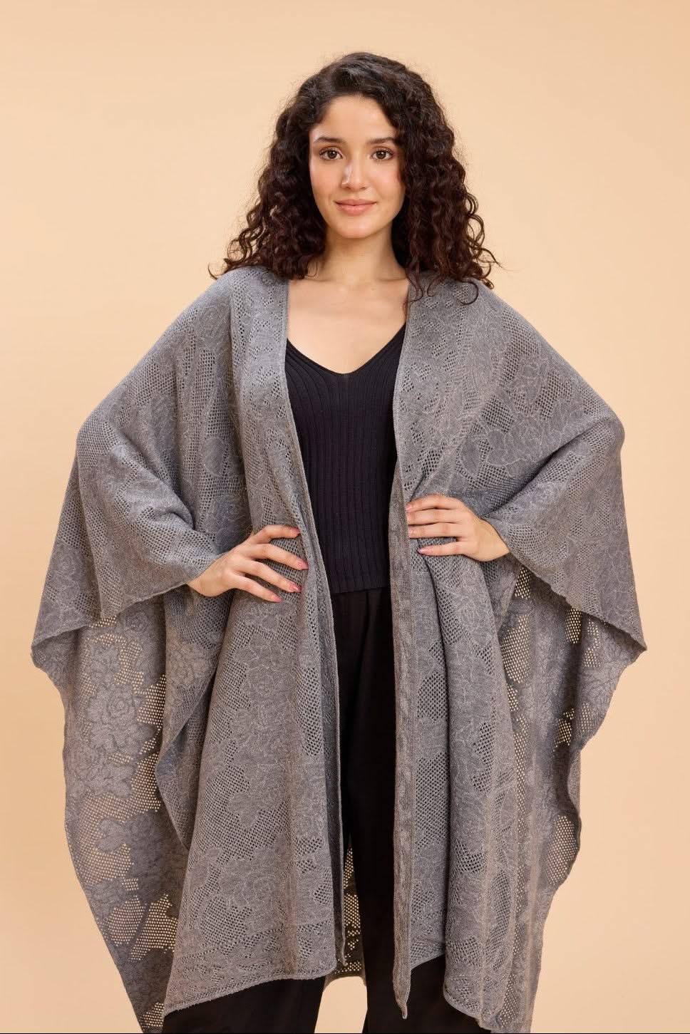 JOLLY LACE JACQUARD FRONT OPEN KNITTED CAPE - Sunday Story