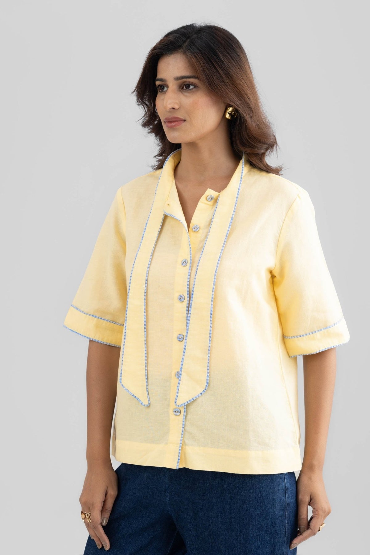 JOSIE LINEN BOW TIE SHIRT WITH STRIPE DETAILS - Sunday Story