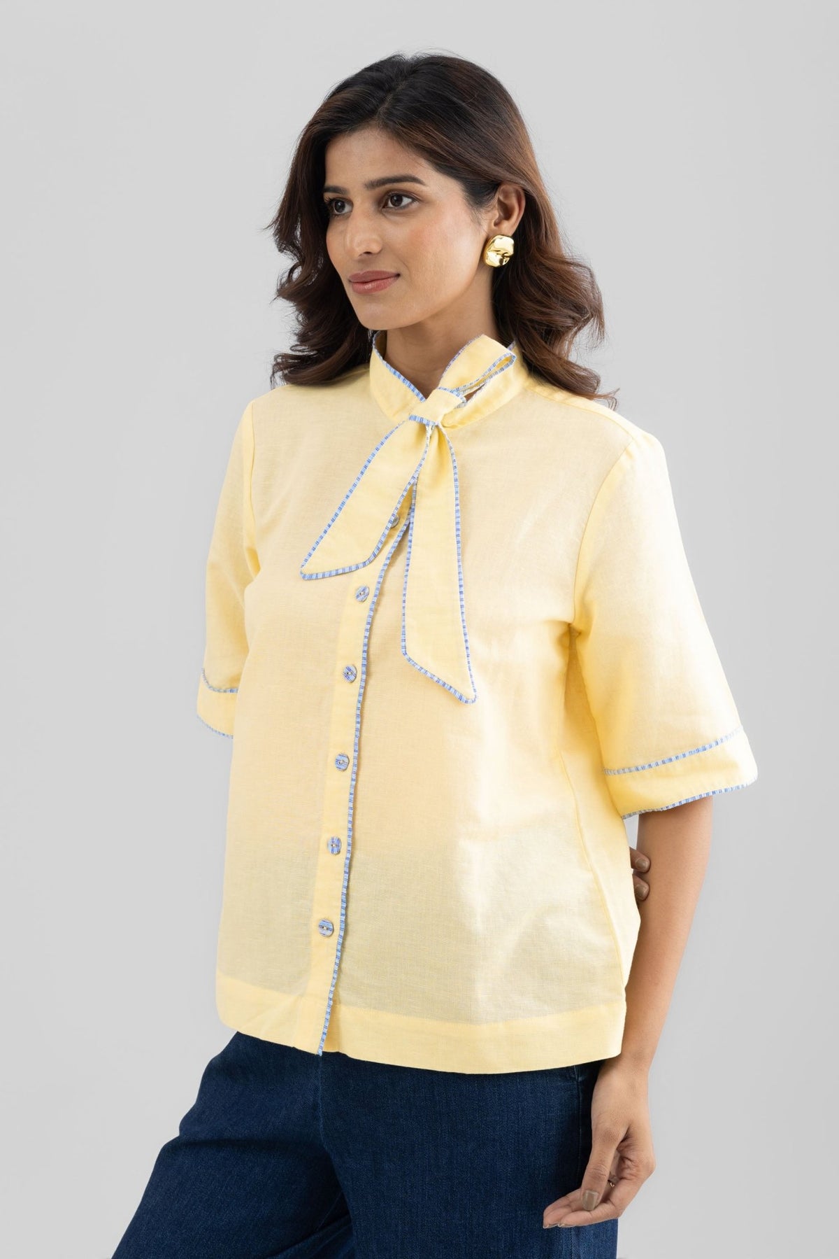 JOSIE LINEN BOW TIE SHIRT WITH STRIPE DETAILS - Sunday Story