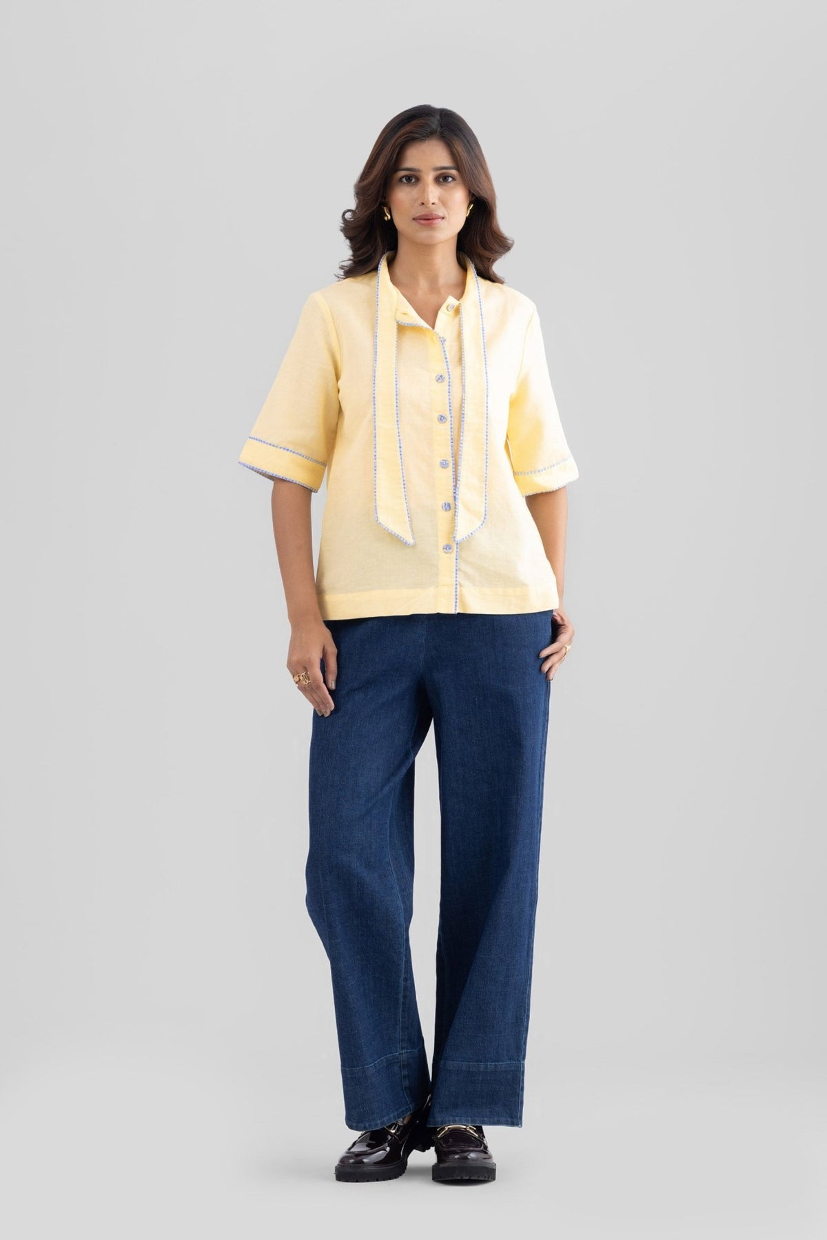 JOSIE LINEN BOW TIE SHIRT WITH STRIPE DETAILS - Sunday Story