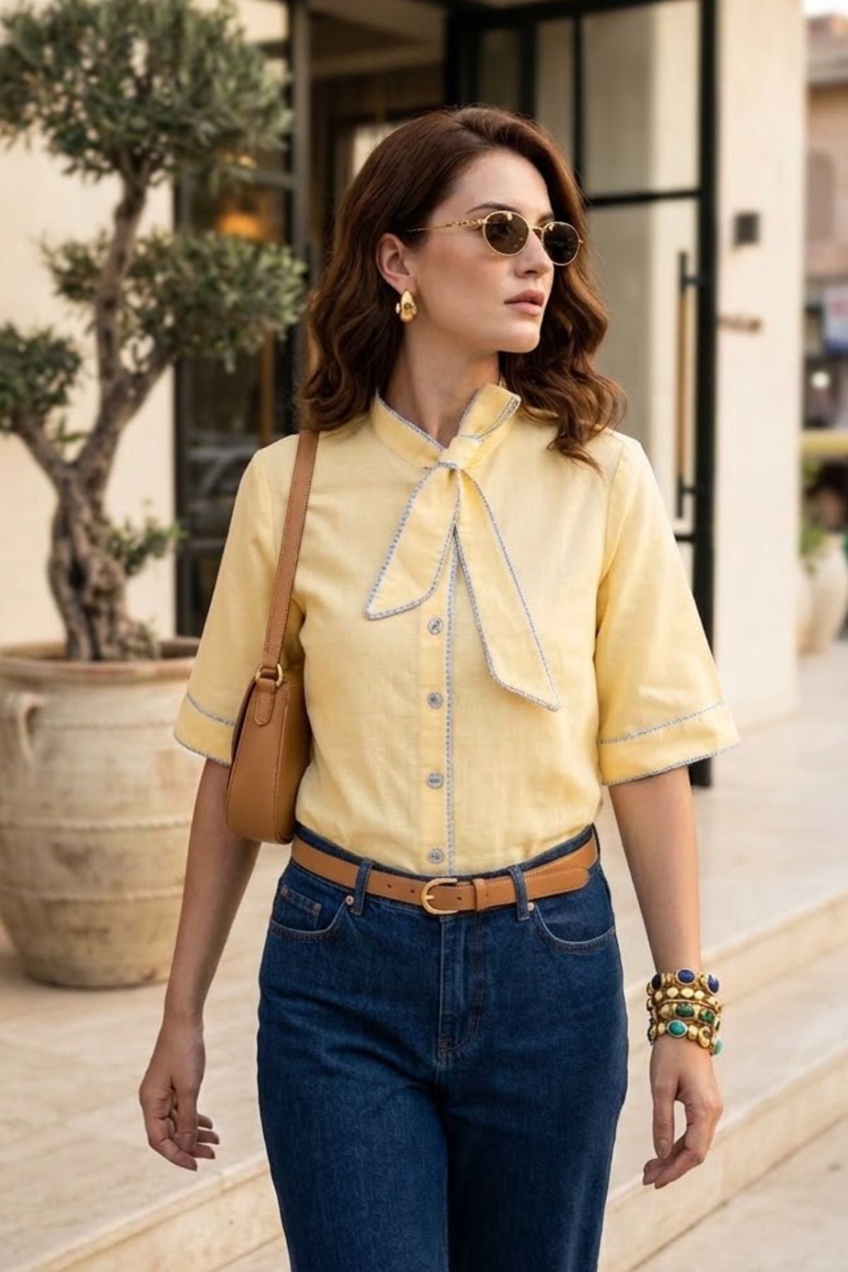 JOSIE LINEN BOW TIE SHIRT WITH STRIPE DETAILS - Sunday Story