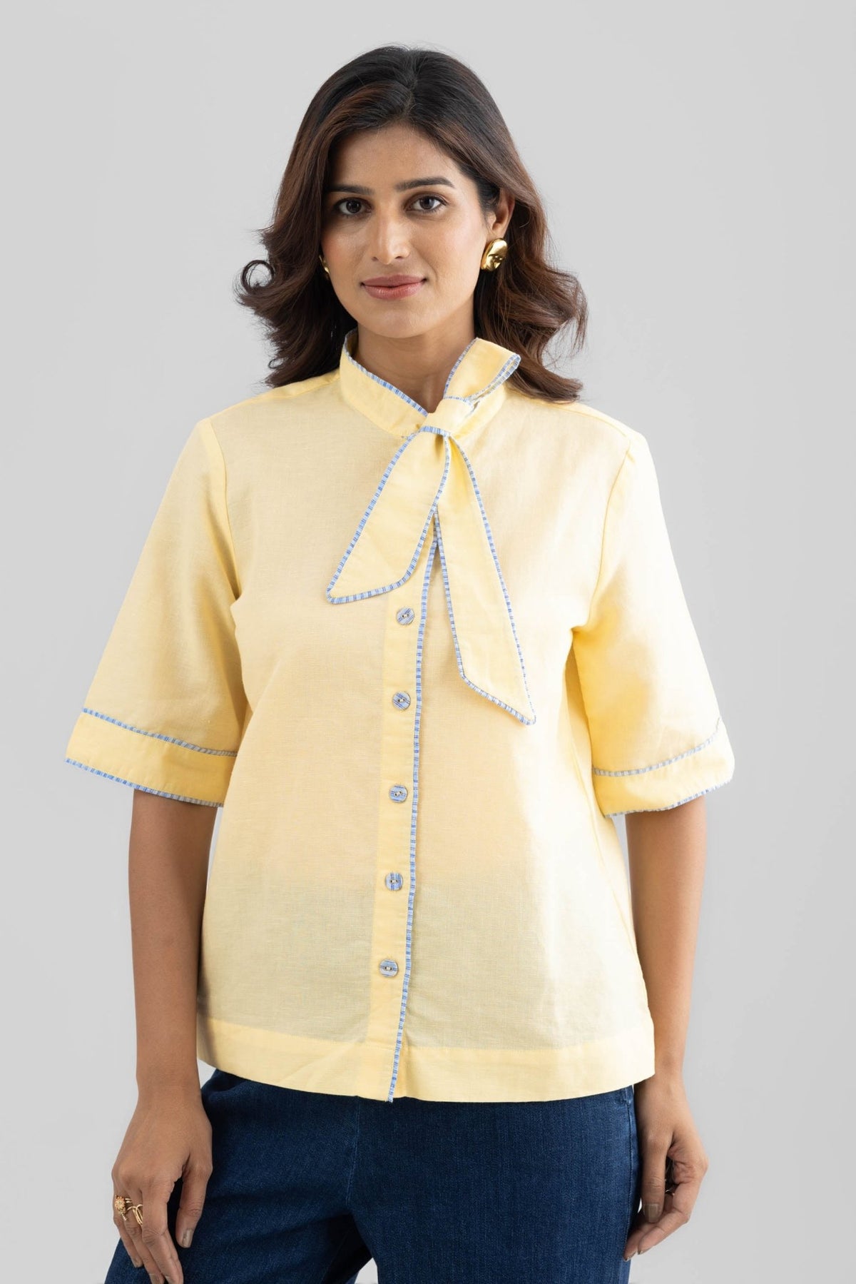 JOSIE LINEN BOW TIE SHIRT WITH STRIPE DETAILS - Sunday Story