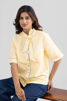 JOSIE LINEN BOW TIE SHIRT WITH STRIPE DETAILS - Sunday Story