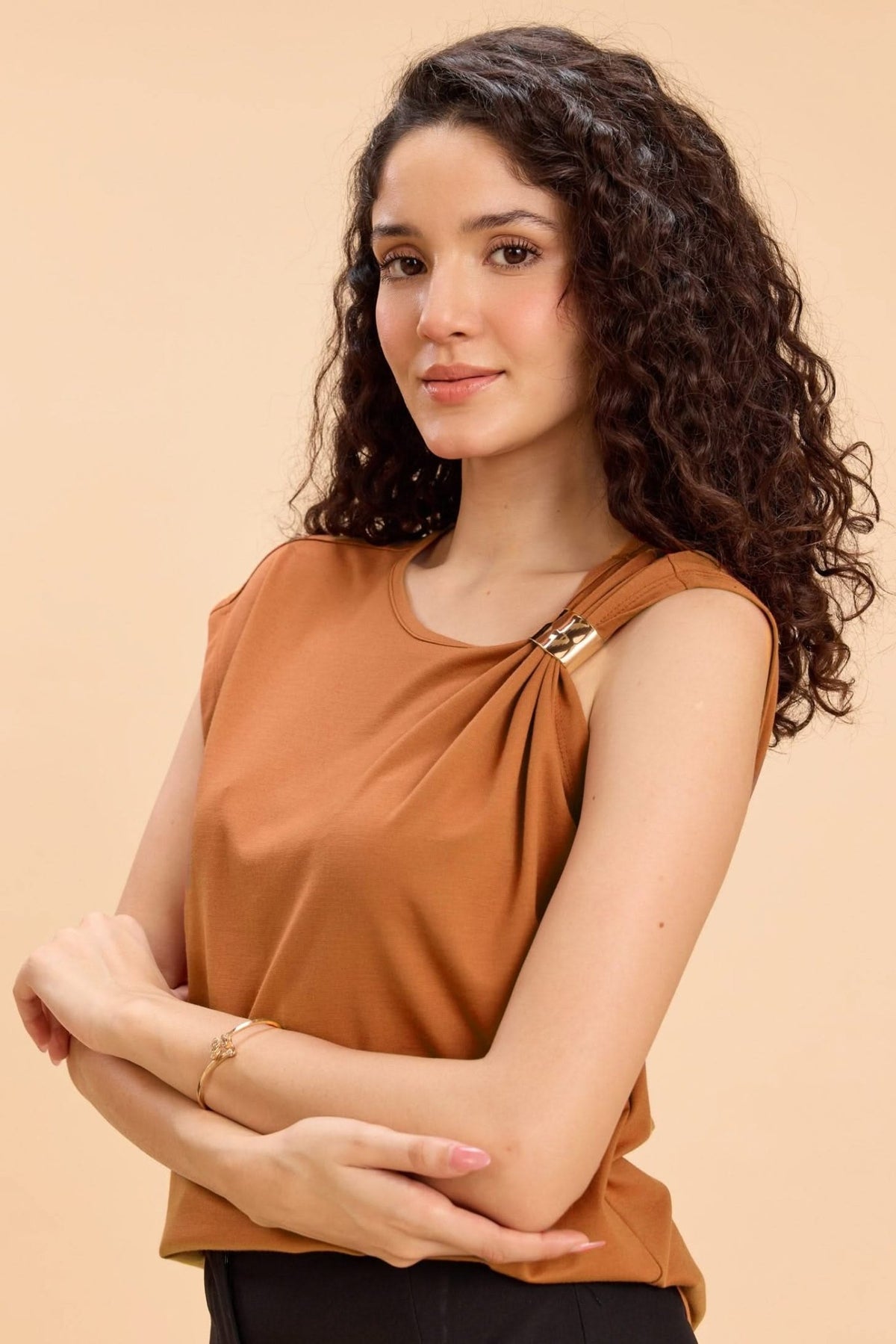 LEAH DRAPED ASYMMETRIC PARTY T-SHIRT WITH GOLD TRIM DETAIL - Sunday Story