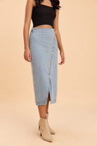 LILY COTTON DENIM ASSYMETRIC MIDI PENCIL SKIRT - Sunday Story