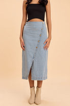 LILY COTTON DENIM ASSYMETRIC MIDI PENCIL SKIRT - Sunday Story