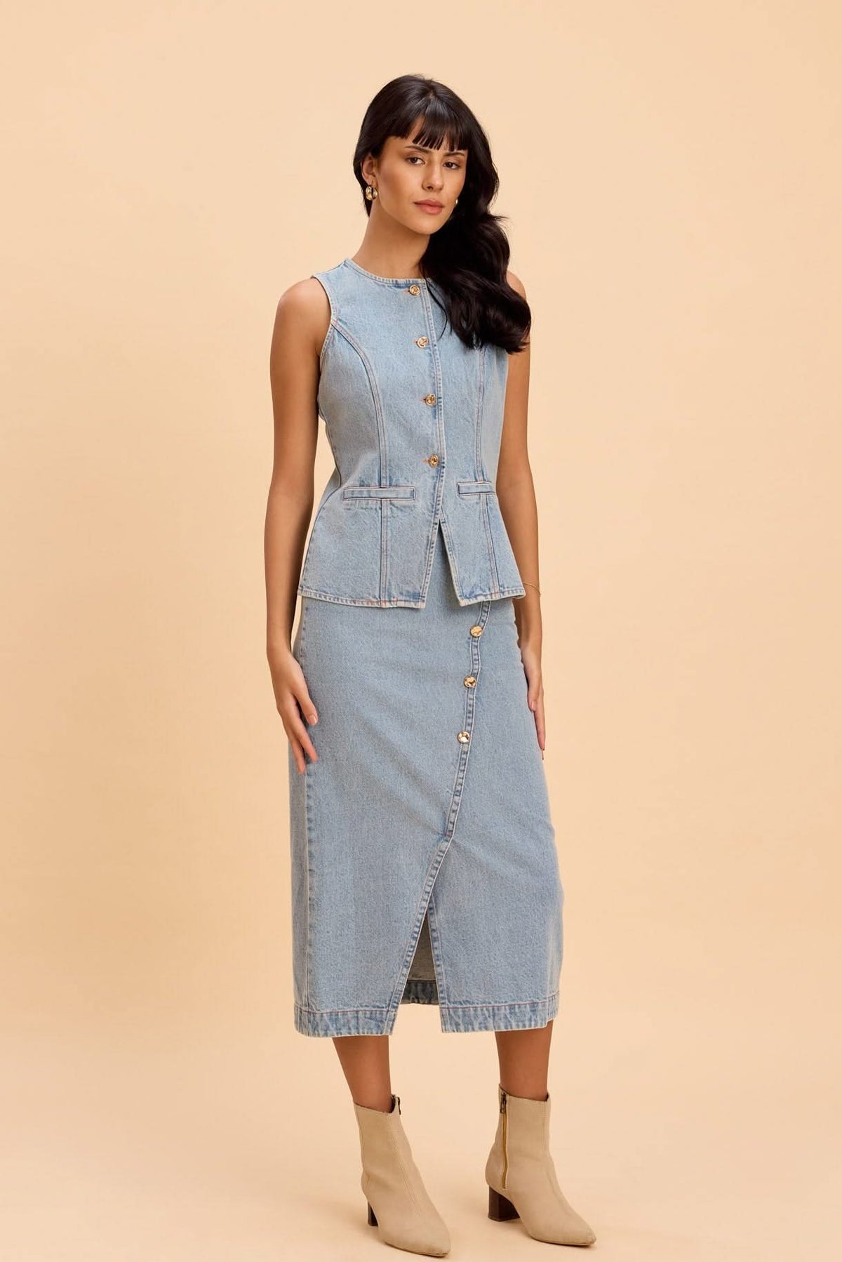 LILY VEST AND MIDI SKIRT DENIM CO-ORD SET - Sunday Story