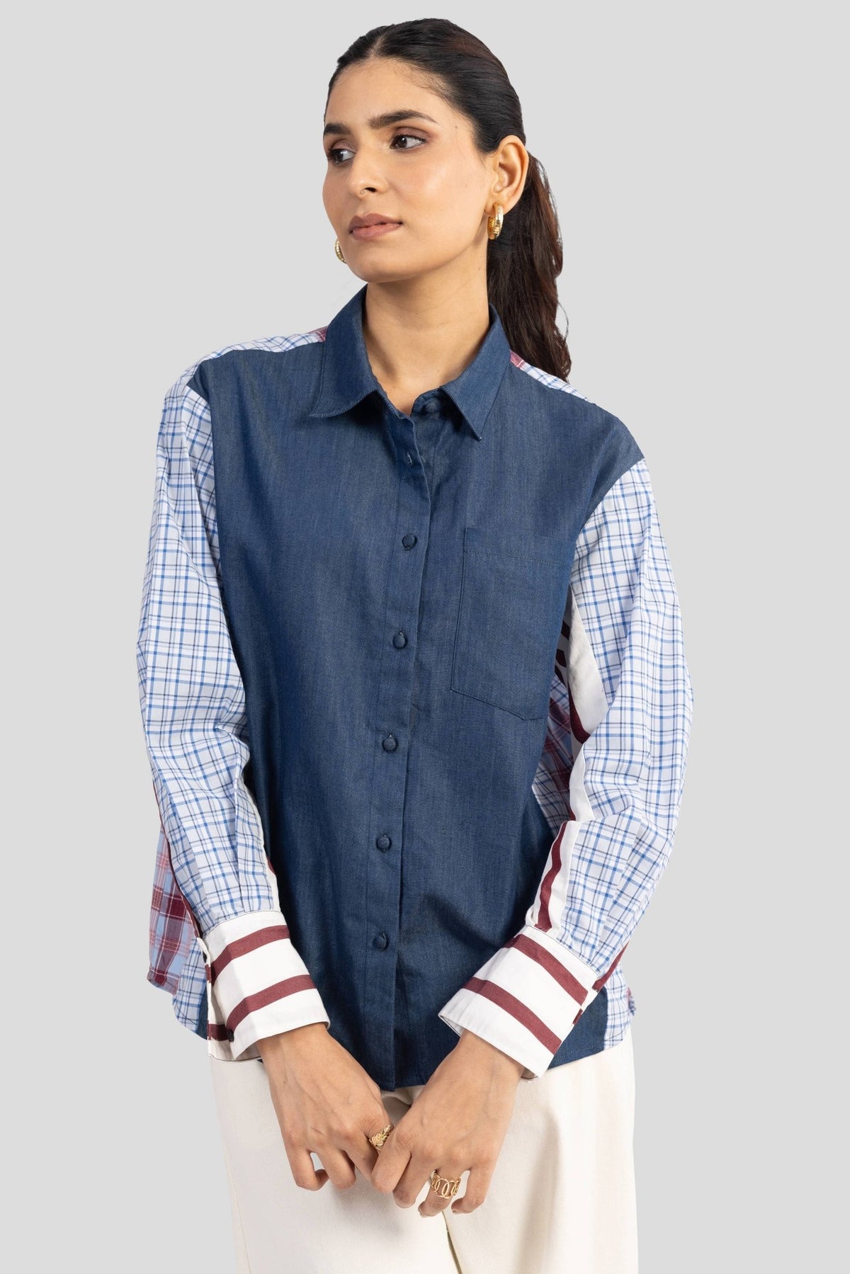 MARGO COLOR BLOCK COTTON DENIM SHIRT - Sunday Story