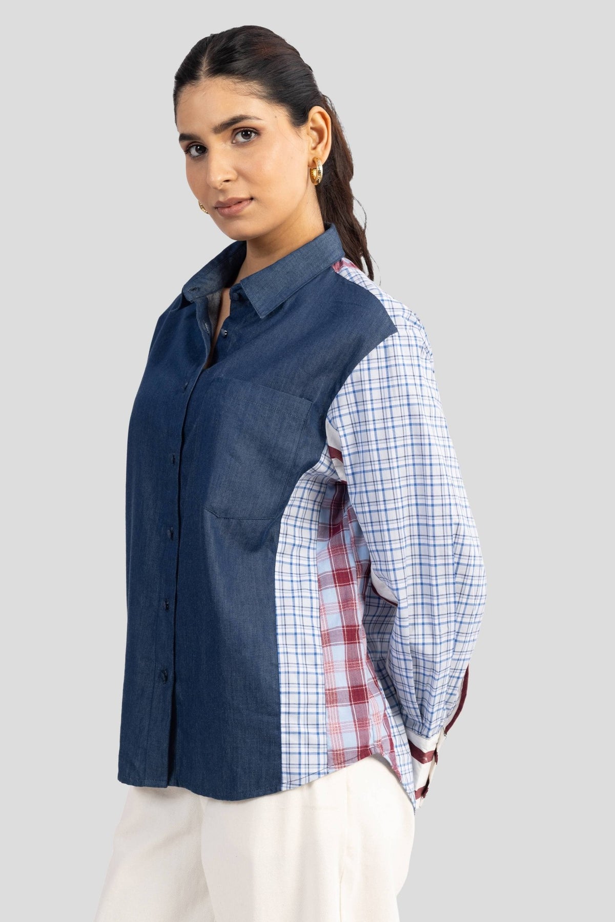 MARGO COLOR BLOCK COTTON DENIM SHIRT - Sunday Story