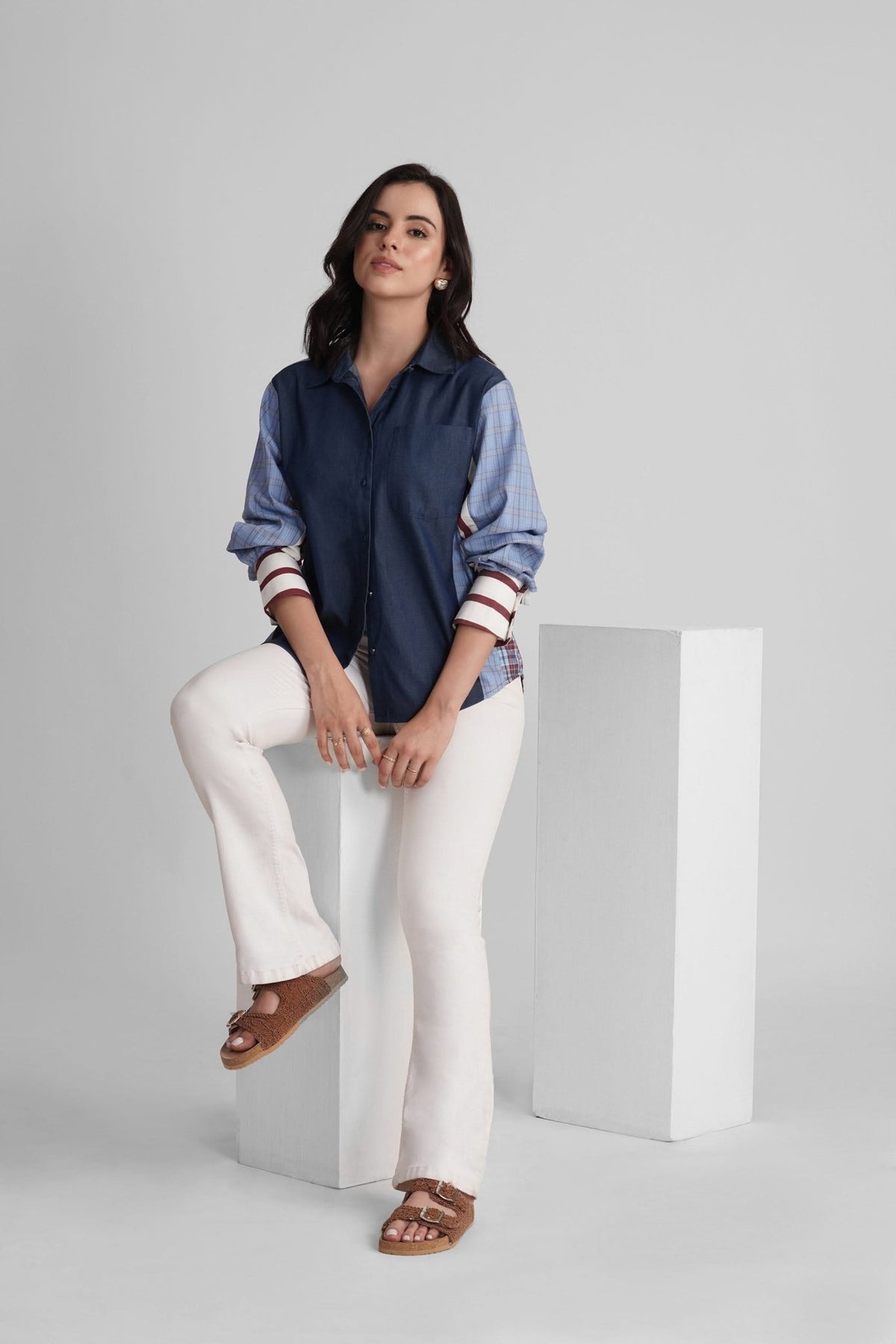 MARGO COLOR BLOCK COTTON DENIM SHIRT - Sunday Story