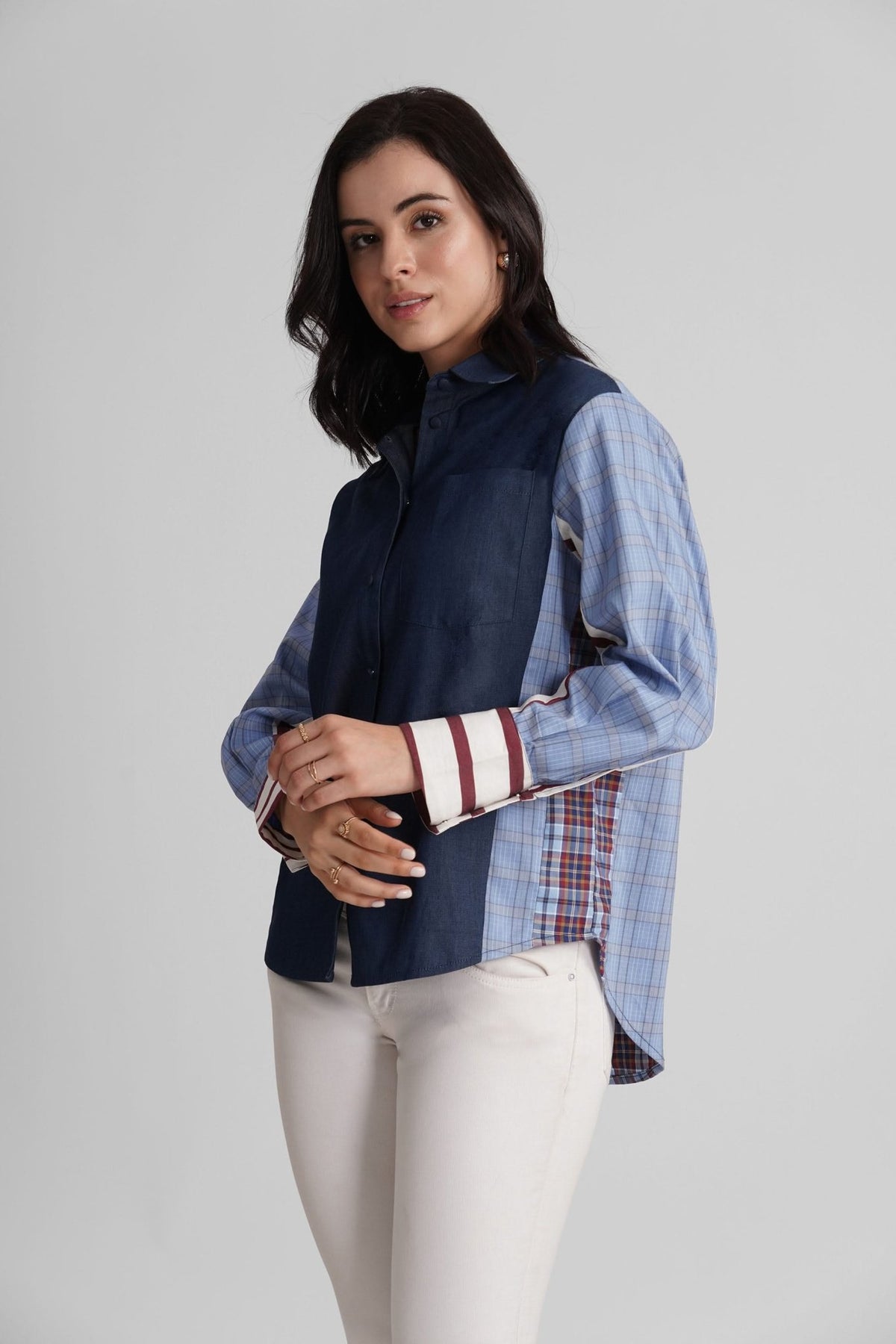 MARGO COLOR BLOCK COTTON DENIM SHIRT - Sunday Story