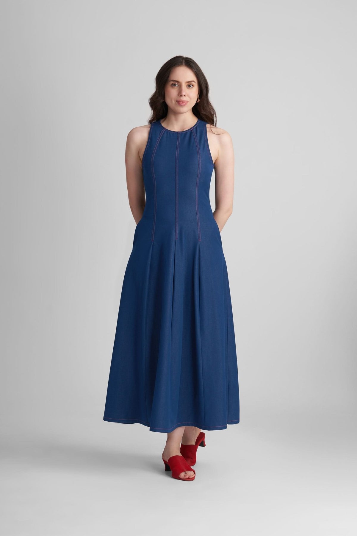 MAXINE FIT AND FLARE KNITTED DENIM MIDI DRESS - Sunday Story