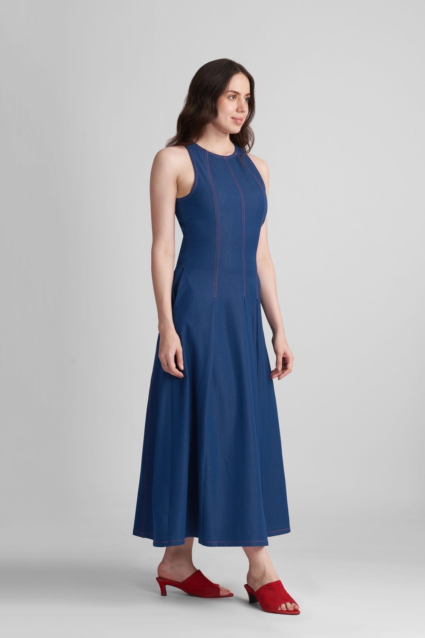 MAXINE FIT AND FLARE KNITTED DENIM MIDI DRESS - Sunday Story