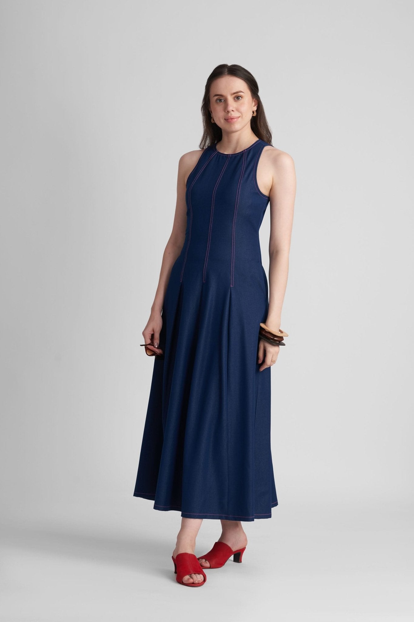 MAXINE FIT AND FLARE KNITTED DENIM MIDI DRESS - Sunday Story