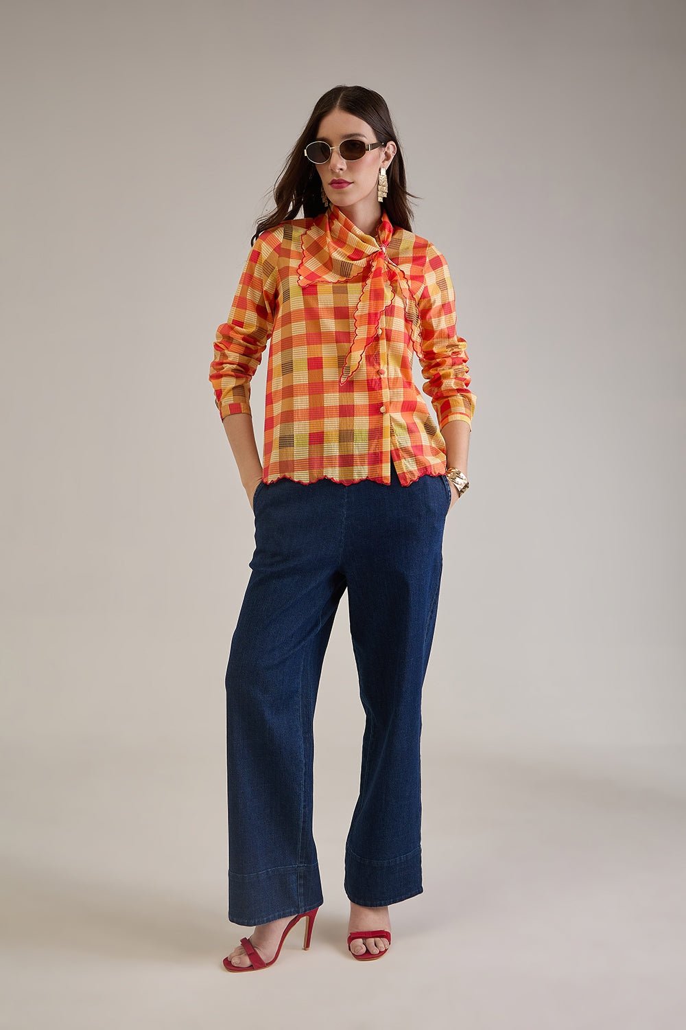 OPHELIA PRINTED CHECK VISCOSE SCARF DETAIL ASYMMETRIC SHIRT - Sunday Story