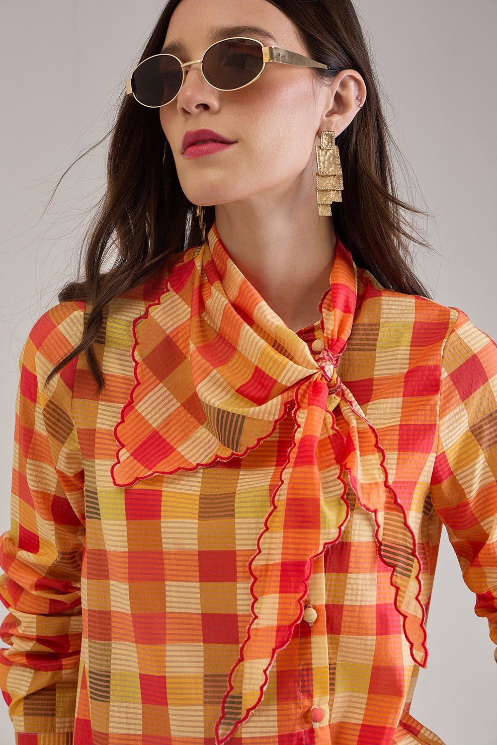 OPHELIA PRINTED CHECK VISCOSE SCARF DETAIL ASYMMETRIC SHIRT - Sunday Story