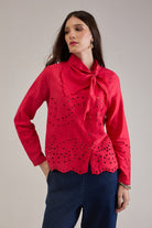 OPHELIA RED COTTON SCHIFFLI SCARF DETAIL ASYMMETRIC SHIRT - Sunday Story