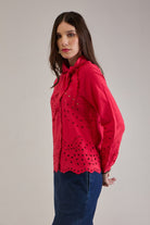 OPHELIA RED COTTON SCHIFFLI SCARF DETAIL ASYMMETRIC SHIRT - Sunday Story