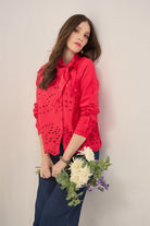 OPHELIA RED COTTON SCHIFFLI SCARF DETAIL ASYMMETRIC SHIRT - Sunday Story