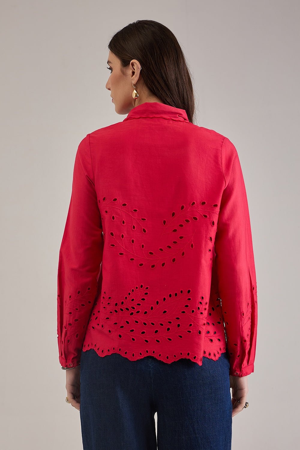 OPHELIA RED COTTON SCHIFFLI SCARF DETAIL ASYMMETRIC SHIRT - Sunday Story