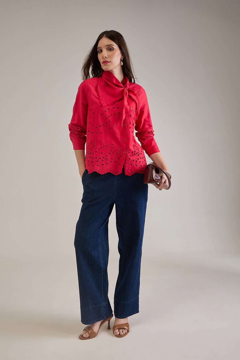 OPHELIA RED COTTON SCHIFFLI SCARF DETAIL ASYMMETRIC SHIRT - Sunday Story