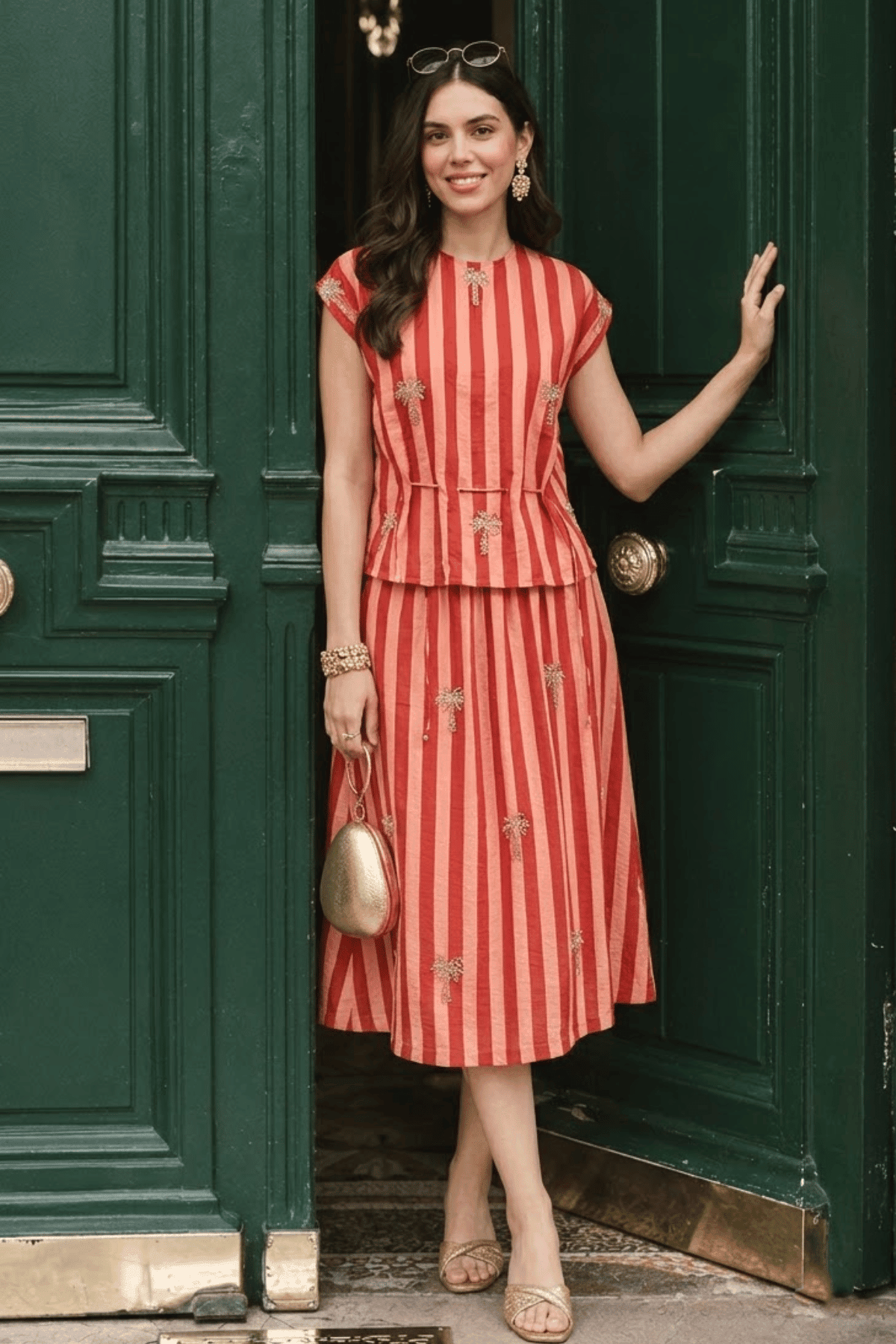 PALMA RUST CORAL STRIPED EMBELLISHED SKIRT CO-ORD SET - Sunday Story
