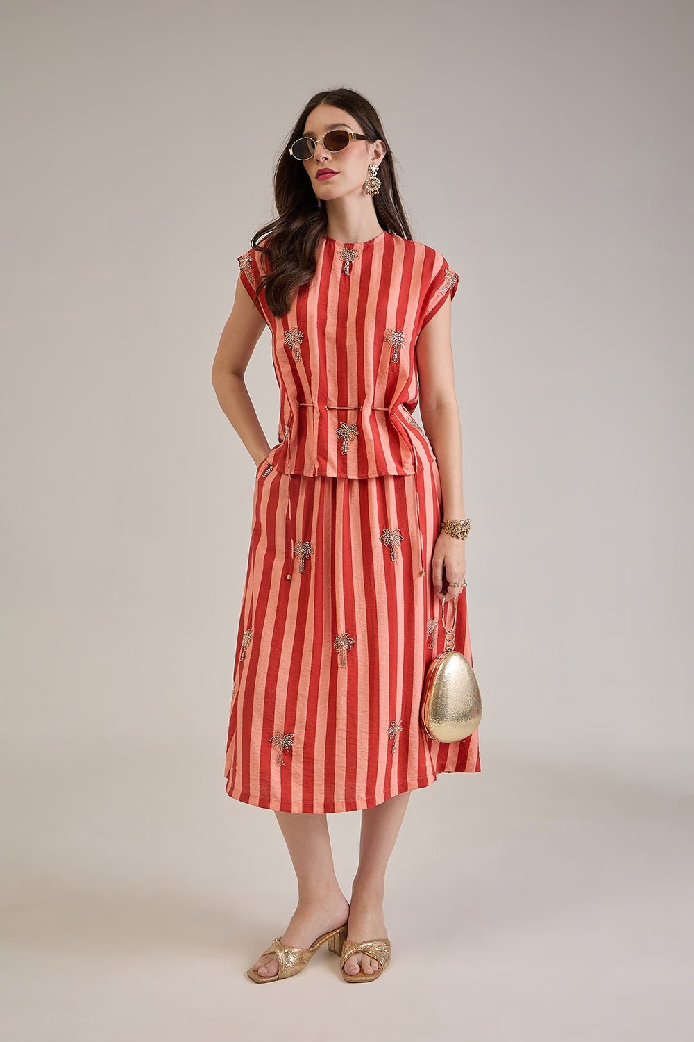PALMA RUST CORAL STRIPED EMBELLISHED SKIRT CO-ORD SET - Sunday Story