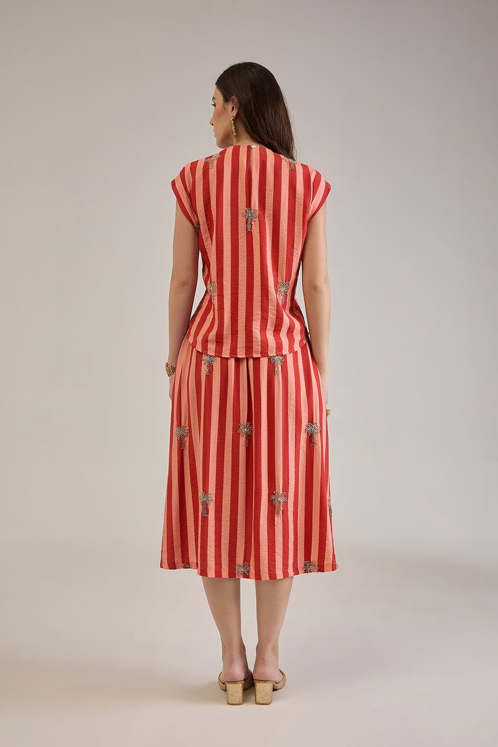PALMA RUST CORAL STRIPED EMBELLISHED SKIRT CO-ORD SET - Sunday Story
